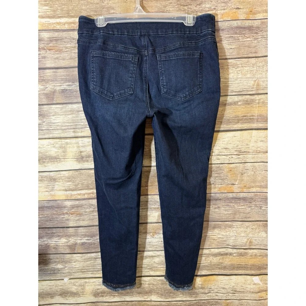 Chicos Jegging Ankle Jeans Dark Wash Rhinestone Frayed Tulip Hem Size 1 US 8